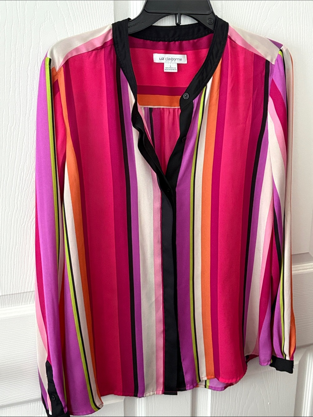 Liz Claiborne Hot Pink Multi-Stripe V-Neck Blouse button down